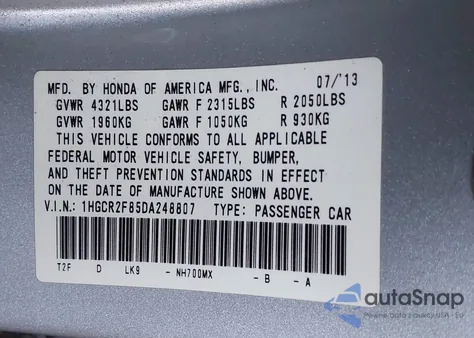 2013 Honda Accord Ex-L из США, поврежденный, VIN 1HGCR2F85DA248807